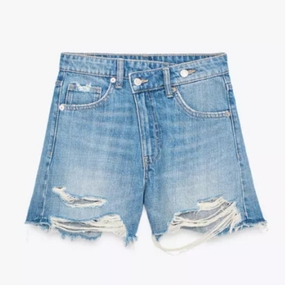 Zara TRF High Rise Distressed Cross Waist Mom Fit Denim Shorts Sz-12